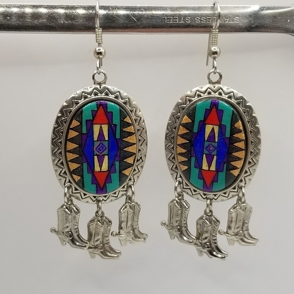 Silvertone Aztec Western Colorful Mosaic Dangle Earrings Cowboy Boots Large - Picture 9 of 9
